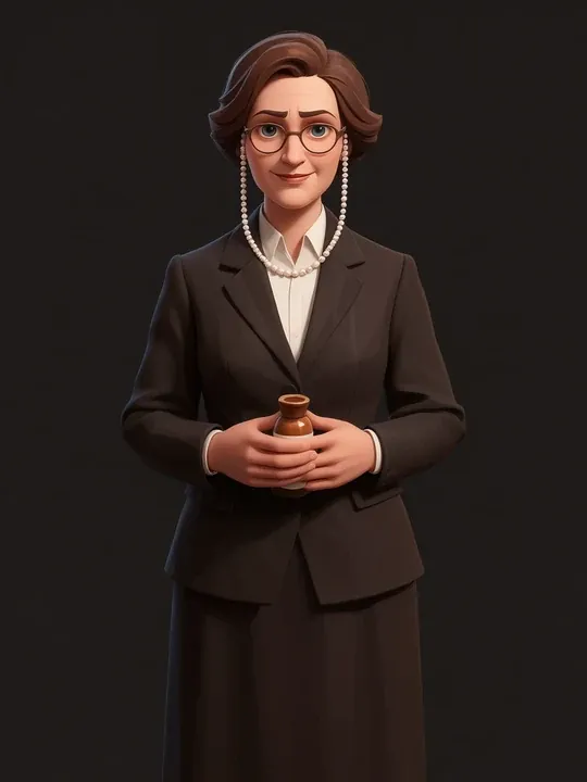 Ida Sander: Schlichtes dunkelbraunes Kostüm, eine Brille an einer Perlenkette, ordentlich geknotetes Haar, ein Arzneifläschchen in der Hand.