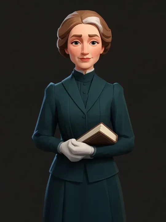 Minna Kowalski: Schlank, hochgeschlossenes dunkelgrünes Kleid, ein Buch in der Hand, aufmerksamer Blick.
