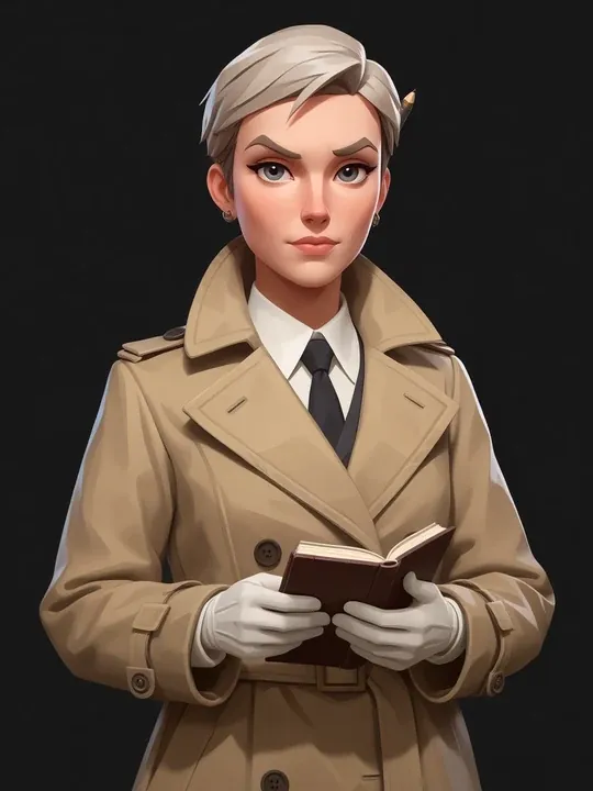 Greta Holm: Beiger Trenchcoat, Notizbuch in der Hand, kurzes aschblondes Haar, kluge graue Augen.