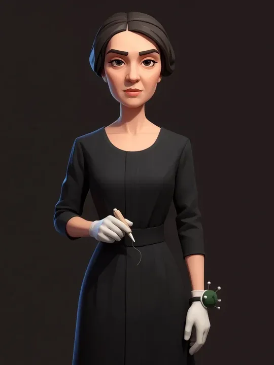 Irmgard Schulte: Streng gescheiteltes dunkles Haar, schlichtes schwarzes Kleid, ein Nadelkissen am Handgelenk.