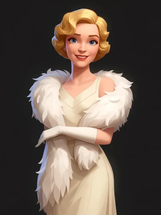 Rosalie Fink: Blonde Wasserwelle, cremefarbenes Abendkleid, eine Federboa, die überall Federn verliert.