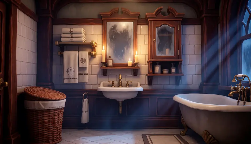 Badezimmer: Weiße Kacheln, eine Wanne auf Löwenfüßen und ein beschlagener Spiegel.