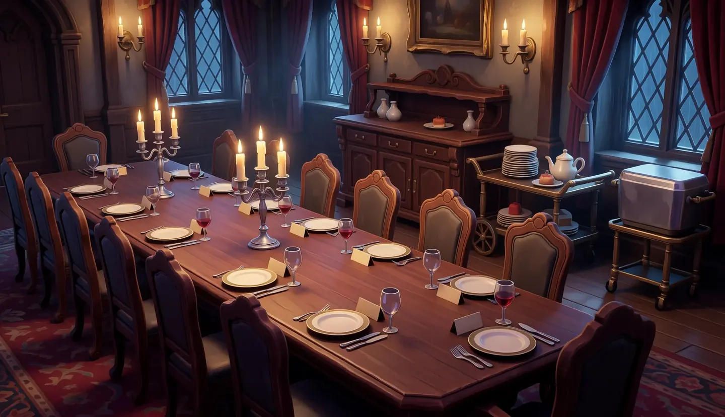 Speisesaal: Die lange Tafel ist noch gedeckt. Silber, Porzellan und halb geleerte Gläser erzählen vom Abendessen.