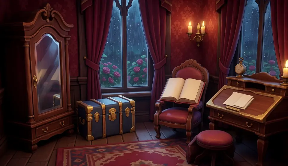 Gästezimmer West: Ein Gästezimmer mit dunkelroten Tapeten. Ein Reisekoffer steht halb ausgepackt am Fenster.