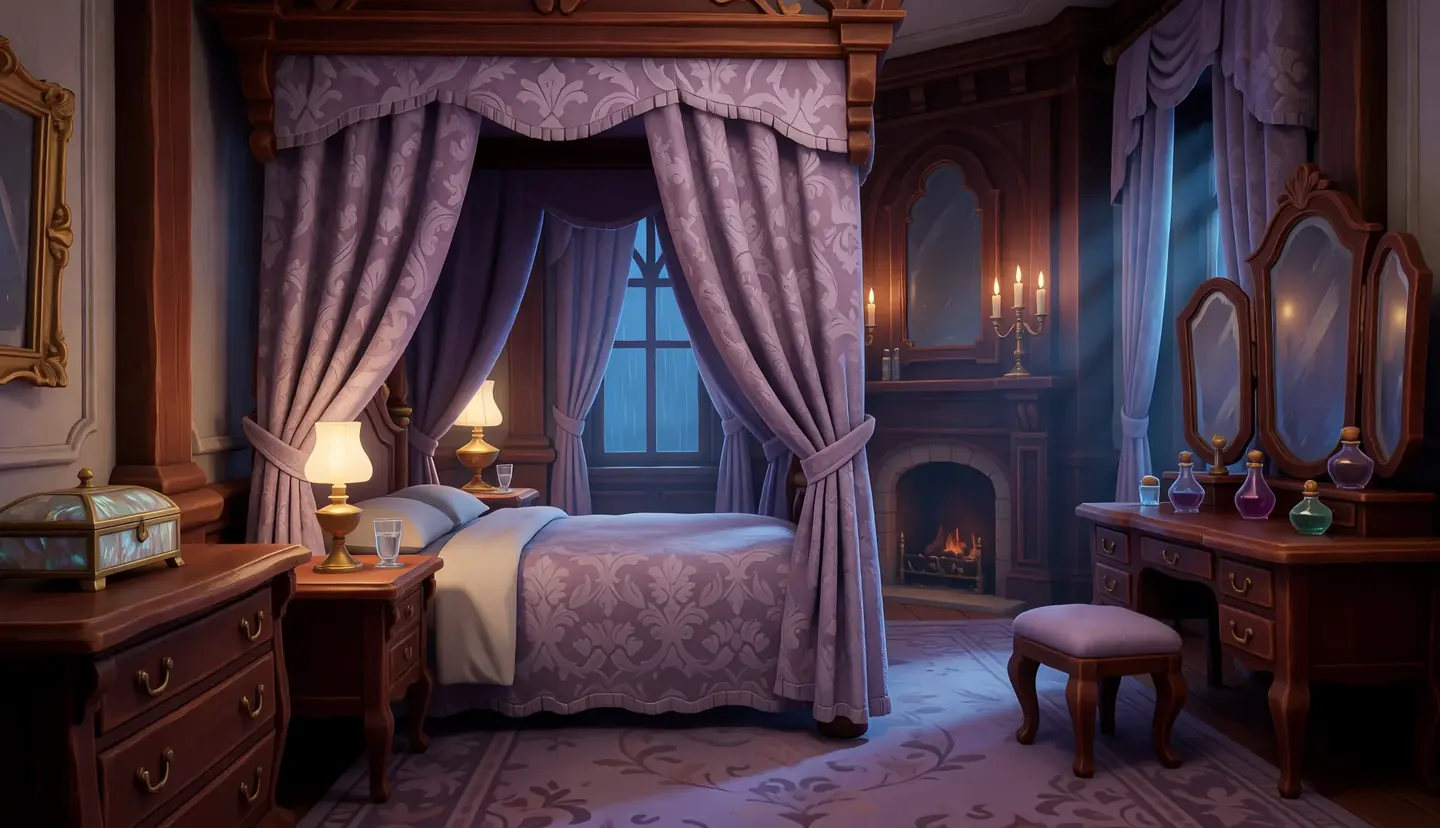 Hauptschlafzimmer: Das Schlafzimmer der Hausherrin. Ein Himmelbett mit schweren Vorhängen, es duftet nach Lavendel.