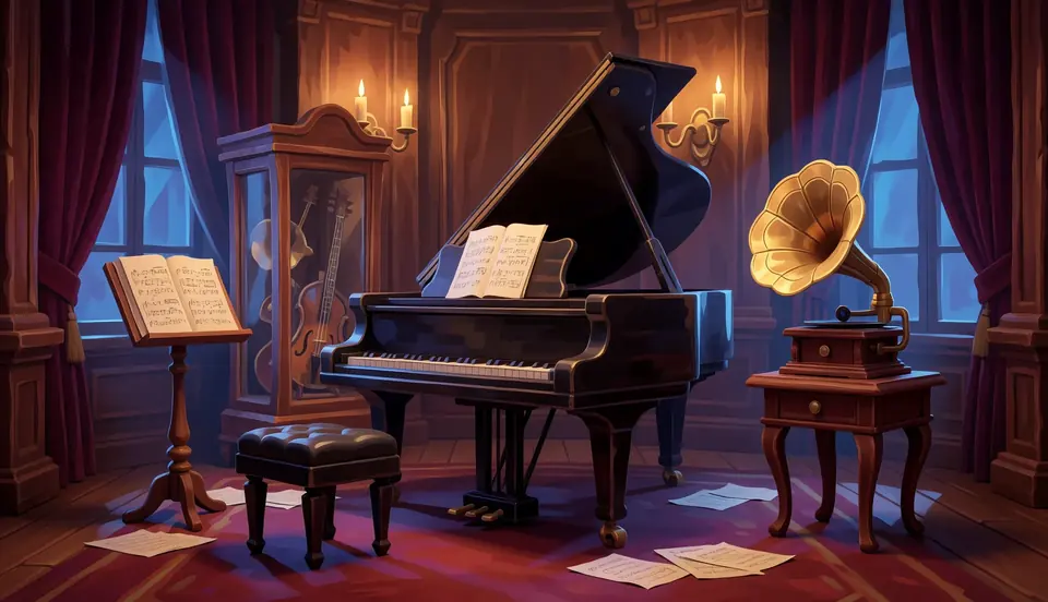 Musikzimmer: Ein schwarzer Flügel beherrscht den Raum. Notenblätter liegen verstreut.