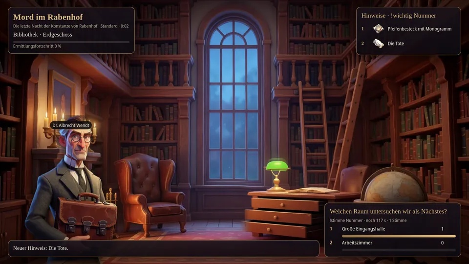 Die Streamansicht: die Bibliothek als Bühne, oben links der Stand der Ermittlung, rechts gefundene Hinweise und unten eine laufende Abstimmung des Chats über den nächsten Raum.