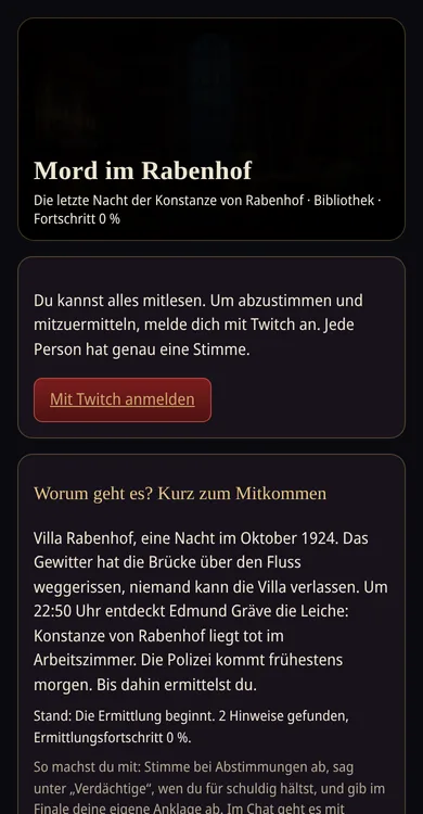 Die Ermittlungsseite auf dem Smartphone: Kopfzeile mit dem Fall, Anmeldung über Twitch und eine kurze Einführung zum Mitmachen.